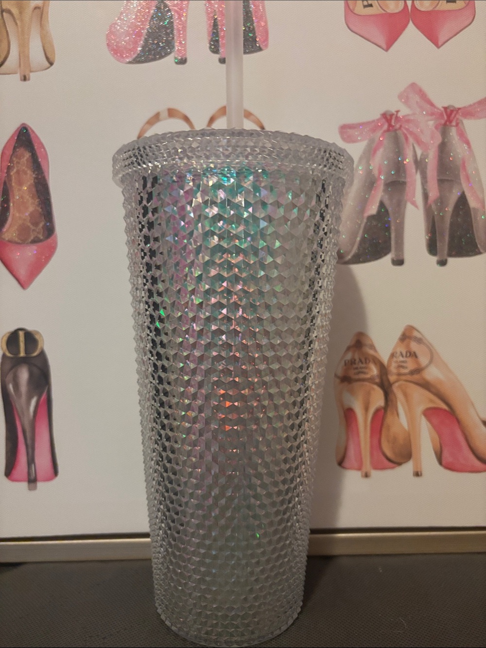 Iridescent Silver Textured Travel Tumbler with Straw